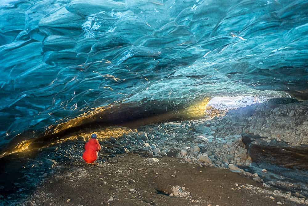 Blue ice formations inside the cave