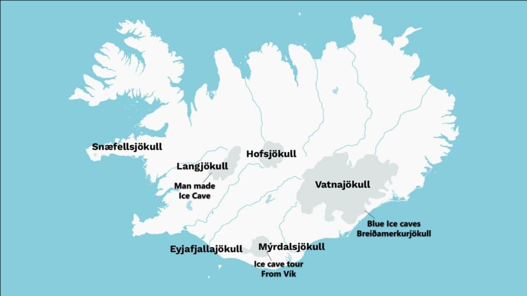 This is a map of the biggest glaciers in Iceland and shows in wich glaciers ice cave tours are. 